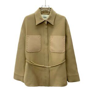 Fendi Womens Beige Belted Patch Pocket Jacket Size 38 S Wool Blend Made In Italy